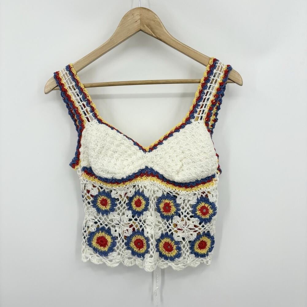 Y2K Crochet Babydoll Top Womens Small Festival Cottage Boho Lace Up Indie Retro